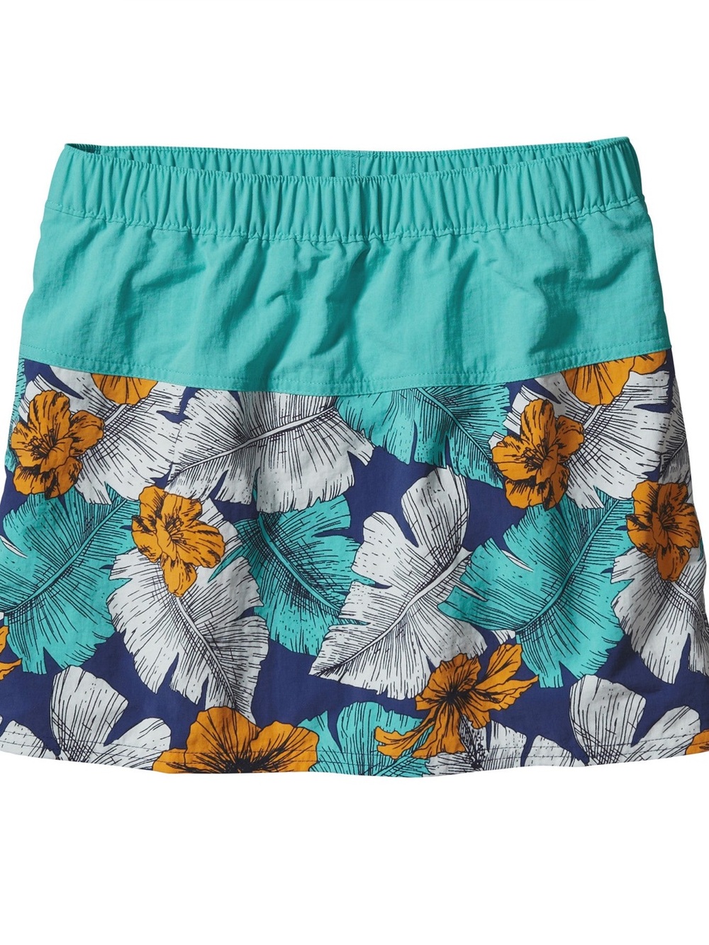 M Patagonia ‘baggies’ Nylon Tropical Floral Mini Skirt in Teal, Navy and Orange
